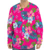 Hot Pink Aloha Hibiscus Pattern Print Long Sleeve Baseball Jersey