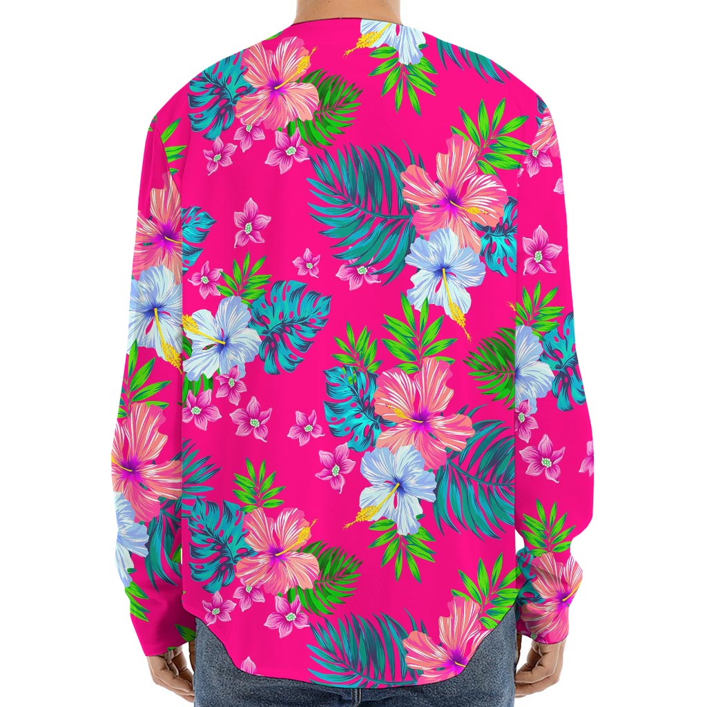 Hot Pink Aloha Hibiscus Pattern Print Long Sleeve Baseball Jersey