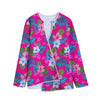 Hot Pink Aloha Hibiscus Pattern Print Long Sleeve Short Coat