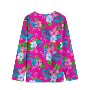 Hot Pink Aloha Hibiscus Pattern Print Long Sleeve Short Coat