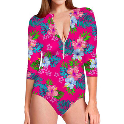 Hot Pink Aloha Hibiscus Pattern Print Long Sleeve Swimsuit
