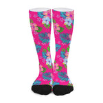 Hot Pink Aloha Hibiscus Pattern Print Long Socks