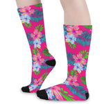 Hot Pink Aloha Hibiscus Pattern Print Long Socks