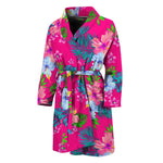 Hot Pink Aloha Hibiscus Pattern Print Men's Bathrobe