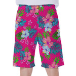 Hot Pink Aloha Hibiscus Pattern Print Men's Beach Shorts