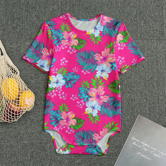 Hot Pink Aloha Hibiscus Pattern Print Men's Bodysuit