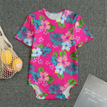 Hot Pink Aloha Hibiscus Pattern Print Men's Bodysuit