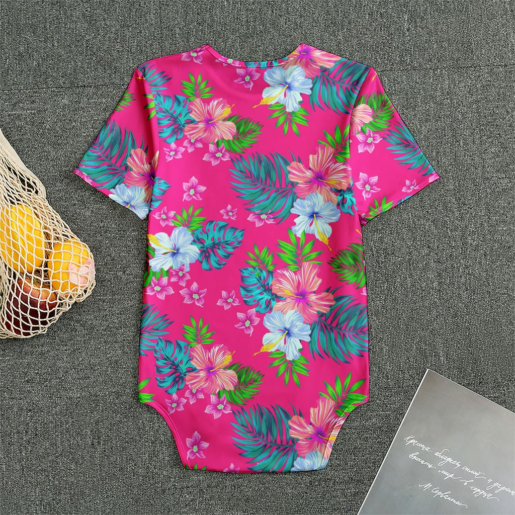 Hot Pink Aloha Hibiscus Pattern Print Men's Bodysuit