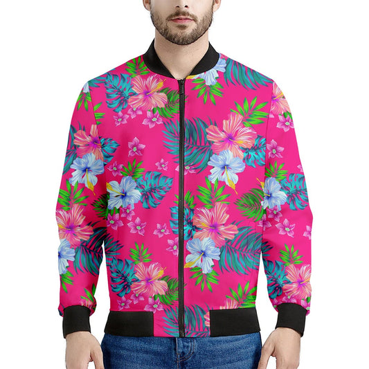 Hot Pink Aloha Hibiscus Pattern Print Men's Bomber Jacket