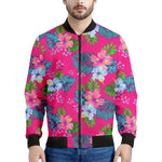 Hot Pink Aloha Hibiscus Pattern Print Men's Bomber Jacket