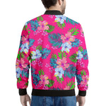 Hot Pink Aloha Hibiscus Pattern Print Men's Bomber Jacket