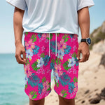 Hot Pink Aloha Hibiscus Pattern Print Men's Cargo Shorts