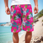 Hot Pink Aloha Hibiscus Pattern Print Men's Cargo Shorts