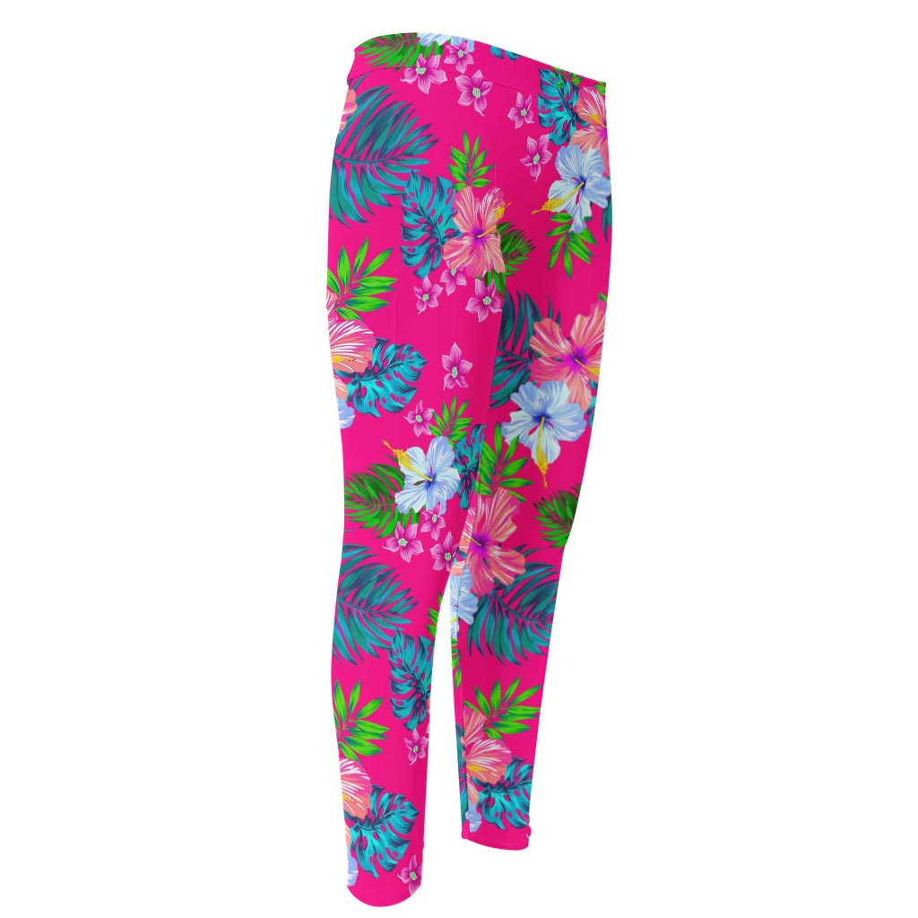 Hot Pink Aloha Hibiscus Pattern Print Men's Compression Pants