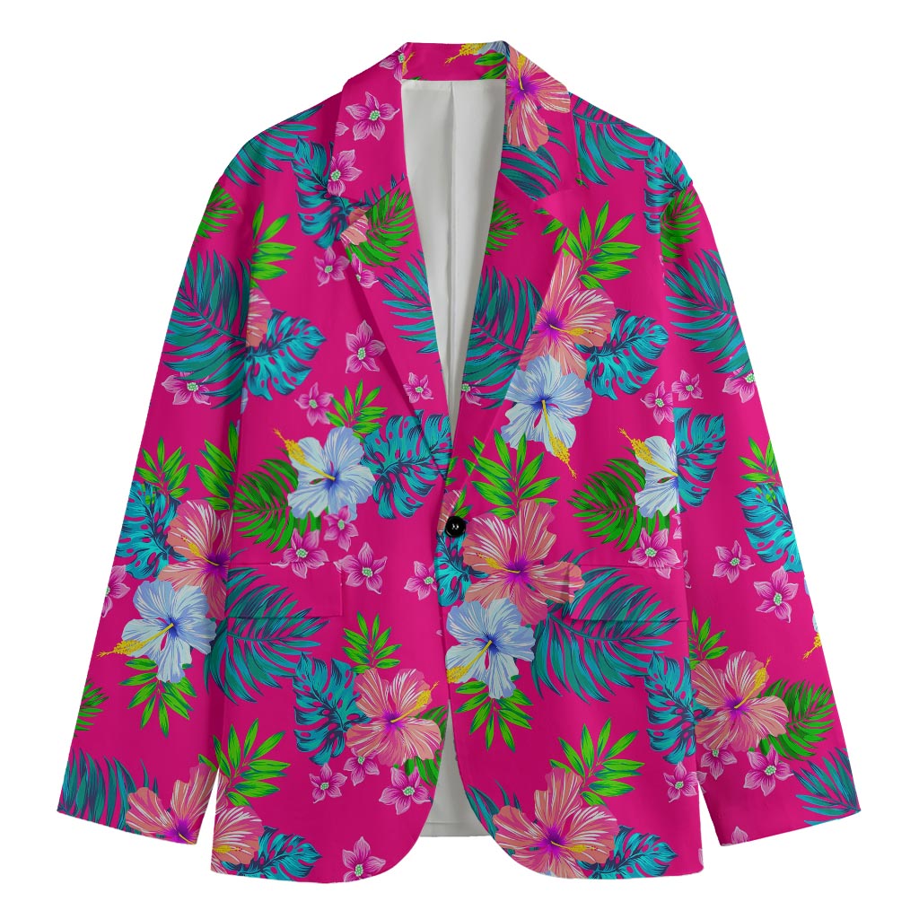 Hot Pink Aloha Hibiscus Pattern Print Men's Cotton Blazer