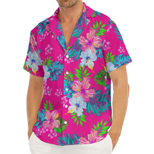 Hot Pink Aloha Hibiscus Pattern Print Men's Deep V-Neck Shirt