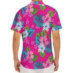 Hot Pink Aloha Hibiscus Pattern Print Men's Deep V-Neck Shirt