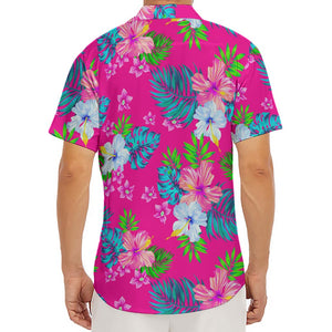 Hot Pink Aloha Hibiscus Pattern Print Men's Deep V-Neck Shirt