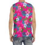 Hot Pink Aloha Hibiscus Pattern Print Men's Fitness Tank Top