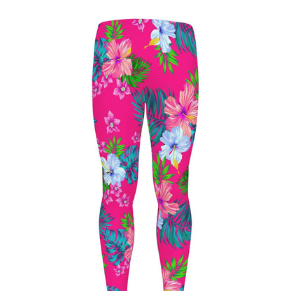 Hot Pink Aloha Hibiscus Pattern Print Men's leggings