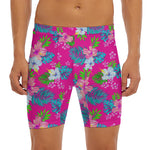 Hot Pink Aloha Hibiscus Pattern Print Men's Long Boxer Briefs