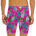 Hot Pink Aloha Hibiscus Pattern Print Men's Long Boxer Briefs