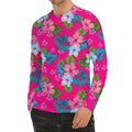 Hot Pink Aloha Hibiscus Pattern Print Men's Long Sleeve Rash Guard