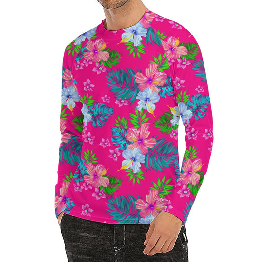 Hot Pink Aloha Hibiscus Pattern Print Men's Long Sleeve Rash Guard