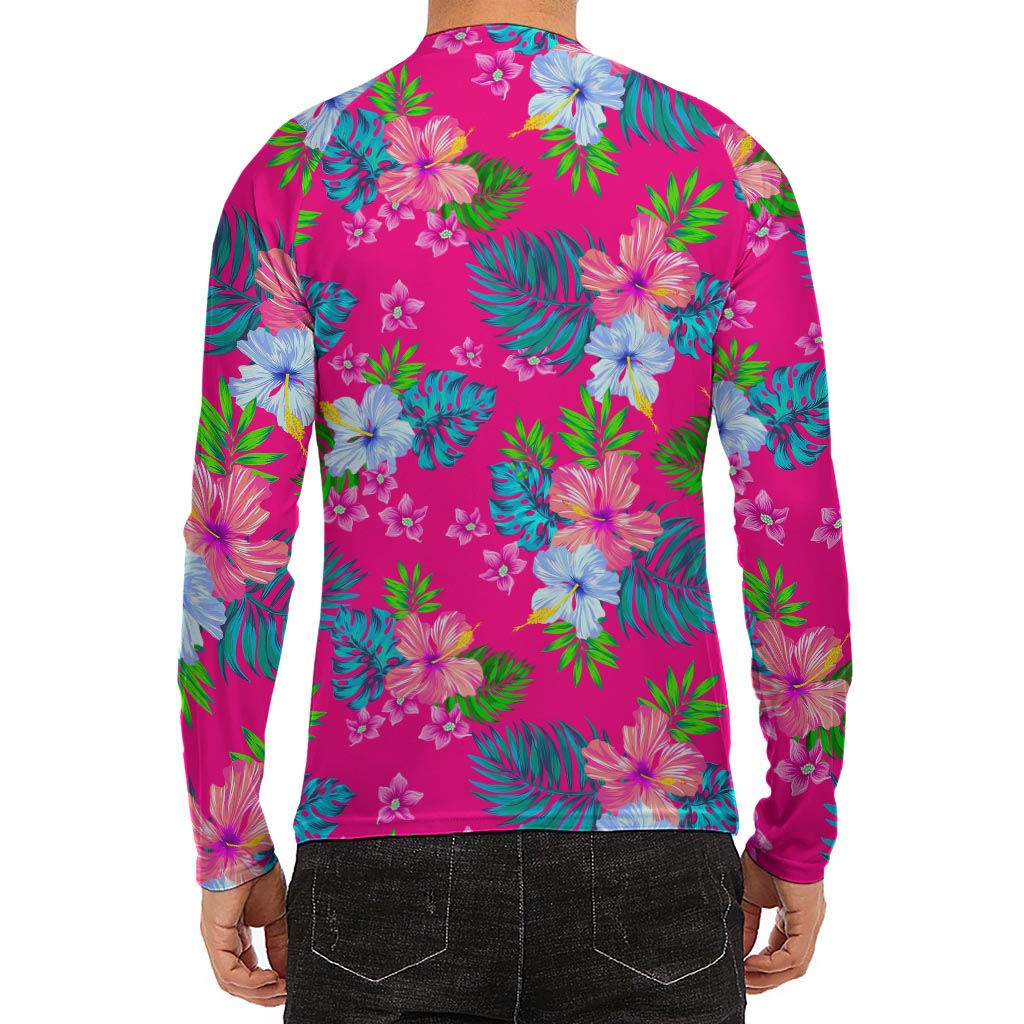 Hot Pink Aloha Hibiscus Pattern Print Men's Long Sleeve Rash Guard