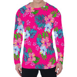 Hot Pink Aloha Hibiscus Pattern Print Men's Long Sleeve T-Shirt
