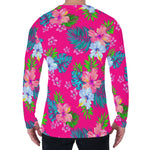 Hot Pink Aloha Hibiscus Pattern Print Men's Long Sleeve T-Shirt
