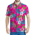 Hot Pink Aloha Hibiscus Pattern Print Men's Polo Shirt