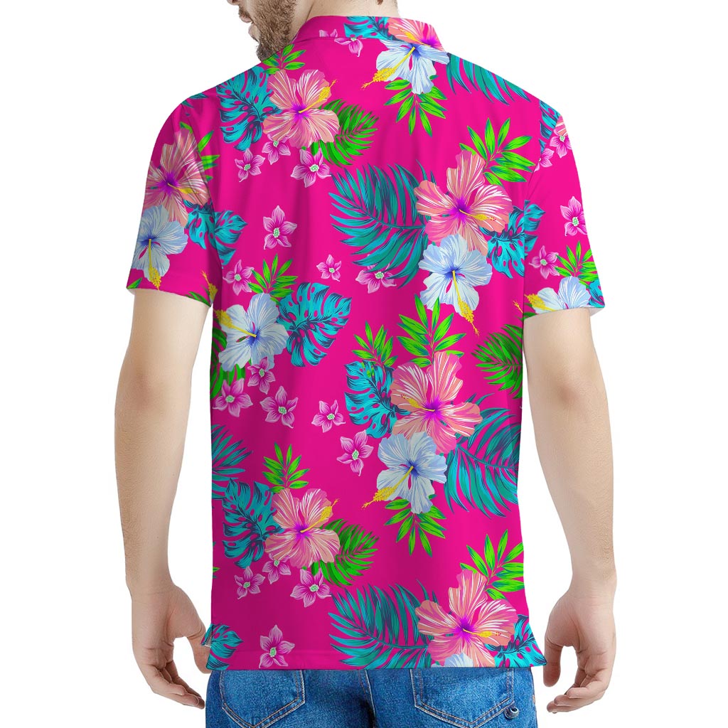 Hot Pink Aloha Hibiscus Pattern Print Men's Polo Shirt