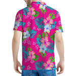Hot Pink Aloha Hibiscus Pattern Print Men's Polo Shirt