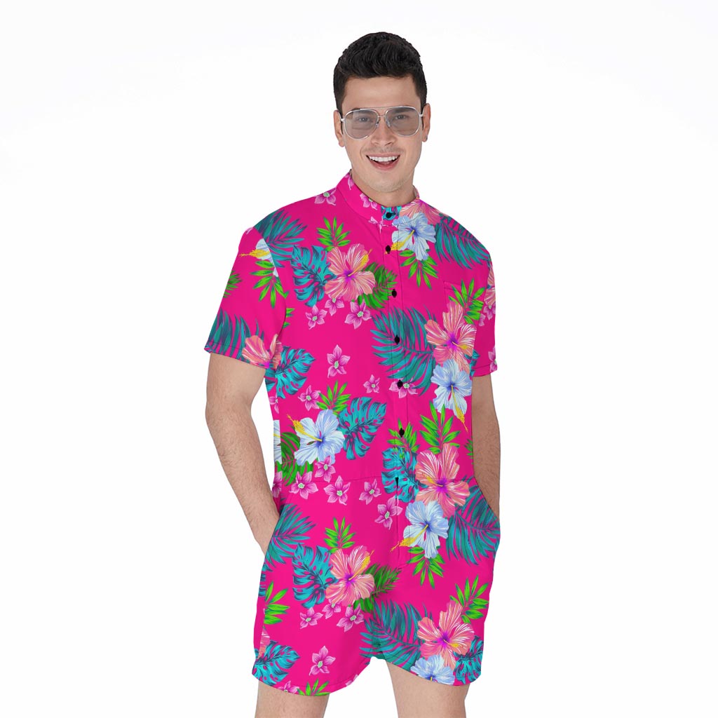 Hot Pink Aloha Hibiscus Pattern Print Men's Rompers