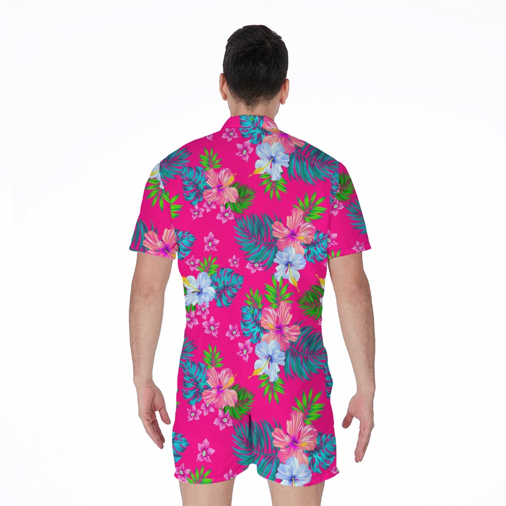 Hot Pink Aloha Hibiscus Pattern Print Men's Rompers