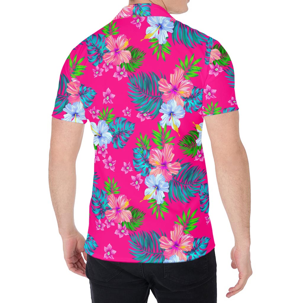 Hot Pink Aloha Hibiscus Pattern Print Men's Shirt