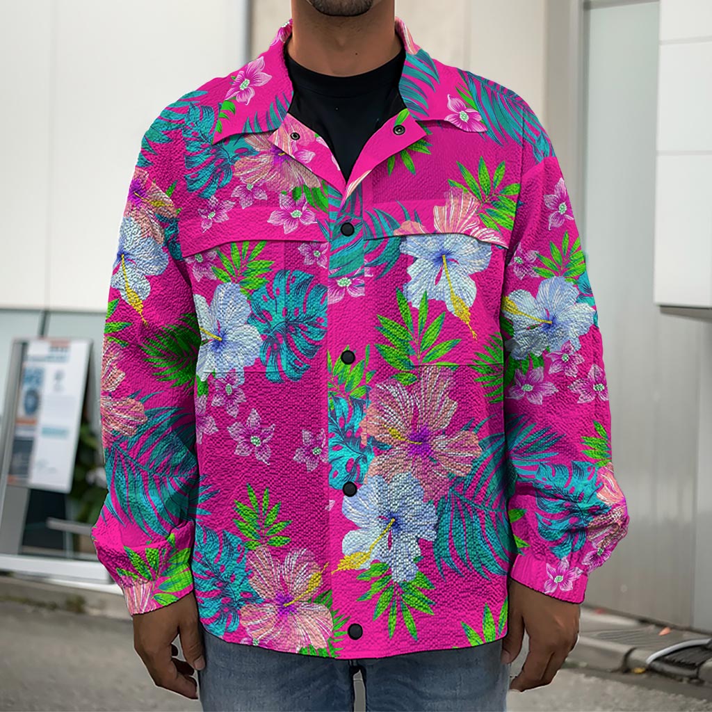 Hot Pink Aloha Hibiscus Pattern Print Men's Shirt Jacket