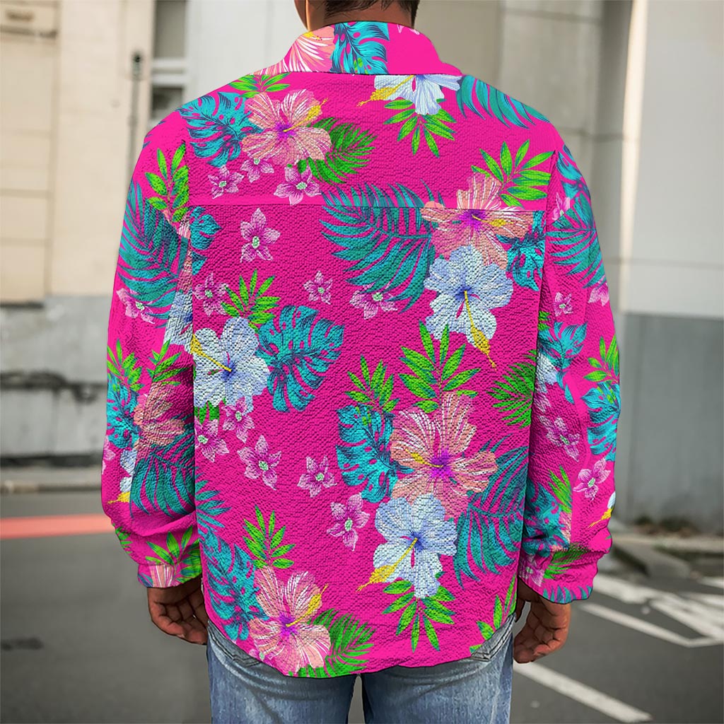 Hot Pink Aloha Hibiscus Pattern Print Men's Shirt Jacket