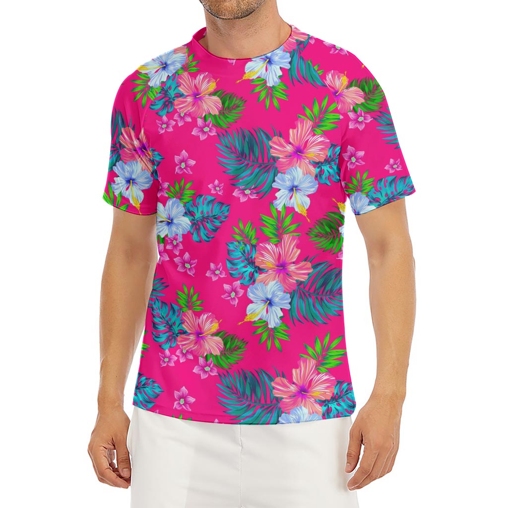 Hot Pink Aloha Hibiscus Pattern Print Men's Short Sleeve Rash Guard