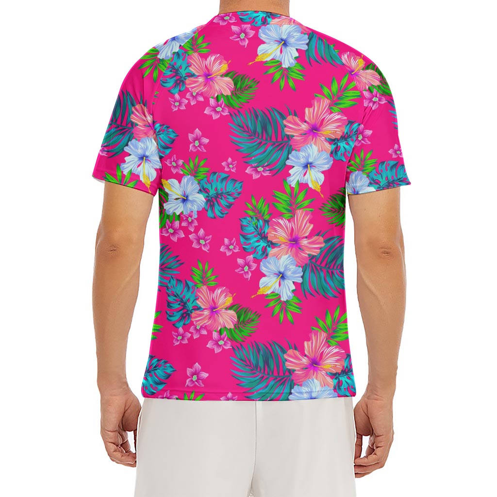 Hot Pink Aloha Hibiscus Pattern Print Men's Short Sleeve Rash Guard