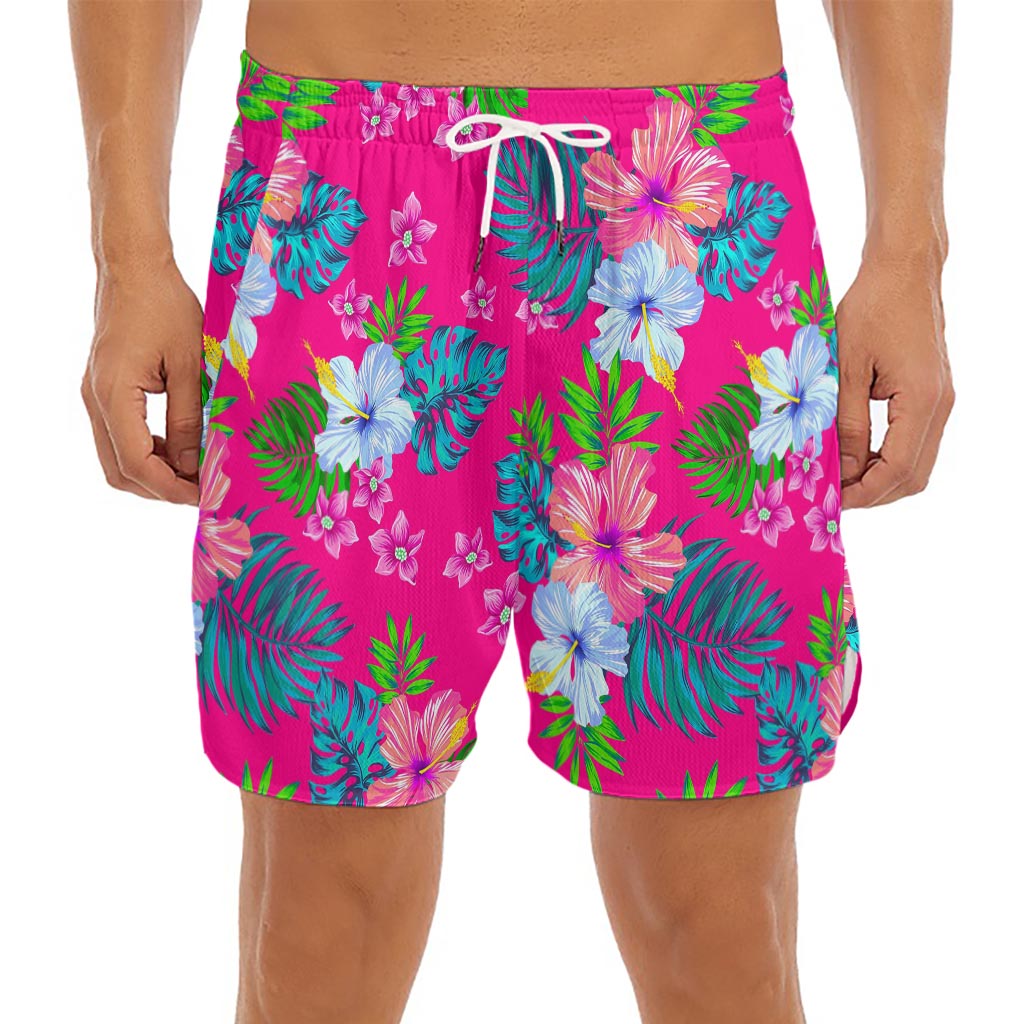Hot Pink Aloha Hibiscus Pattern Print Men's Split Running Shorts