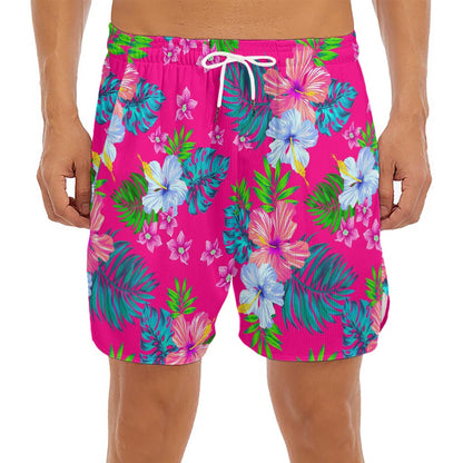 Hot Pink Aloha Hibiscus Pattern Print Men's Split Running Shorts