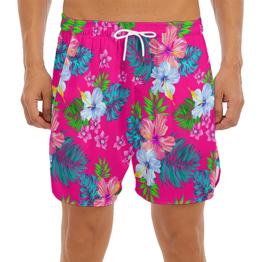 Hot Pink Aloha Hibiscus Pattern Print Men's Split Running Shorts