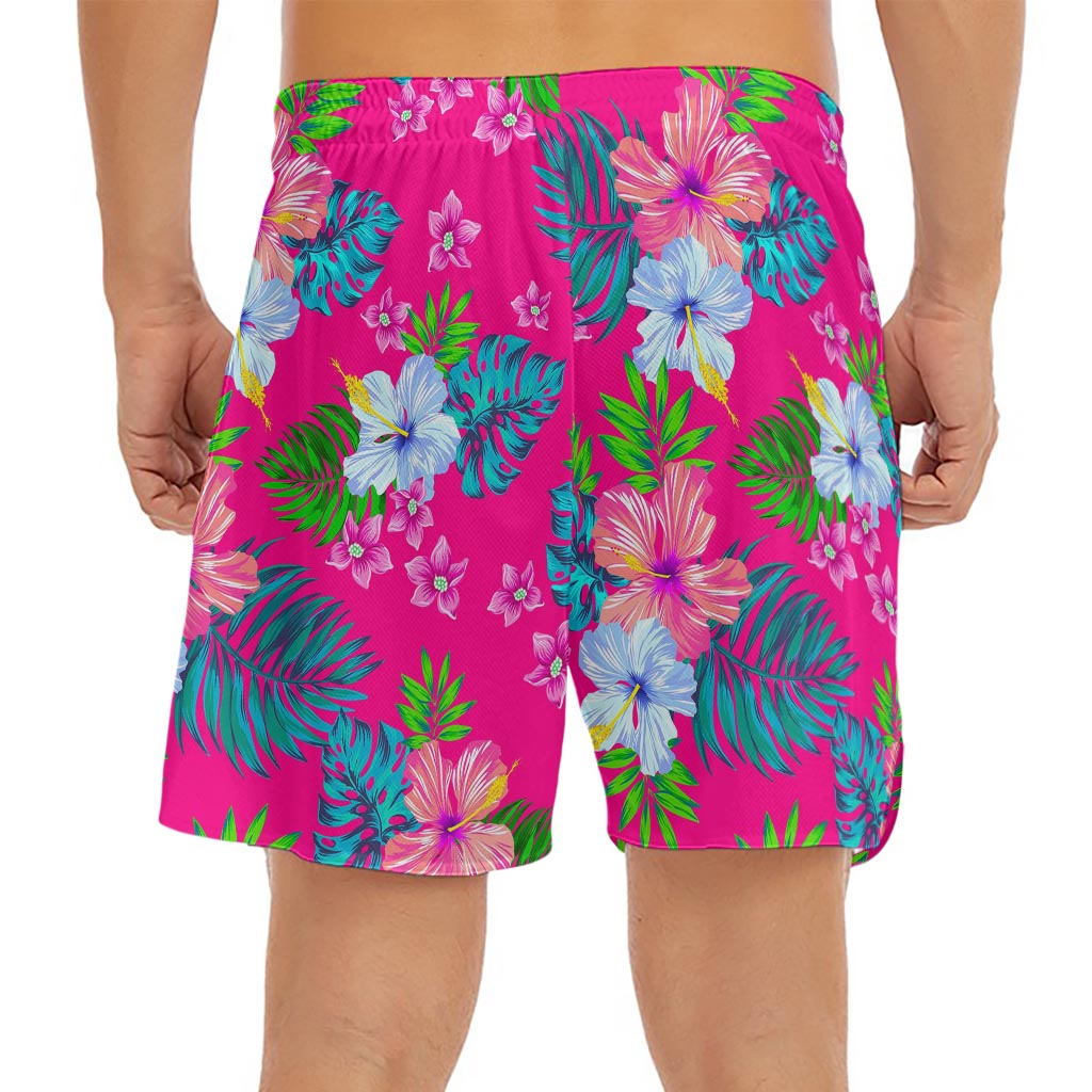 Hot Pink Aloha Hibiscus Pattern Print Men's Split Running Shorts
