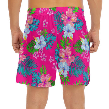Hot Pink Aloha Hibiscus Pattern Print Men's Split Running Shorts