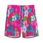 Hot Pink Aloha Hibiscus Pattern Print Men's Sports Shorts