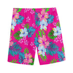 Hot Pink Aloha Hibiscus Pattern Print Men's Sports Shorts