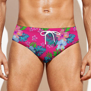 Hot Pink Aloha Hibiscus Pattern Print Men's Swim Briefs