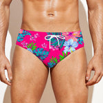 Hot Pink Aloha Hibiscus Pattern Print Men's Swim Briefs
